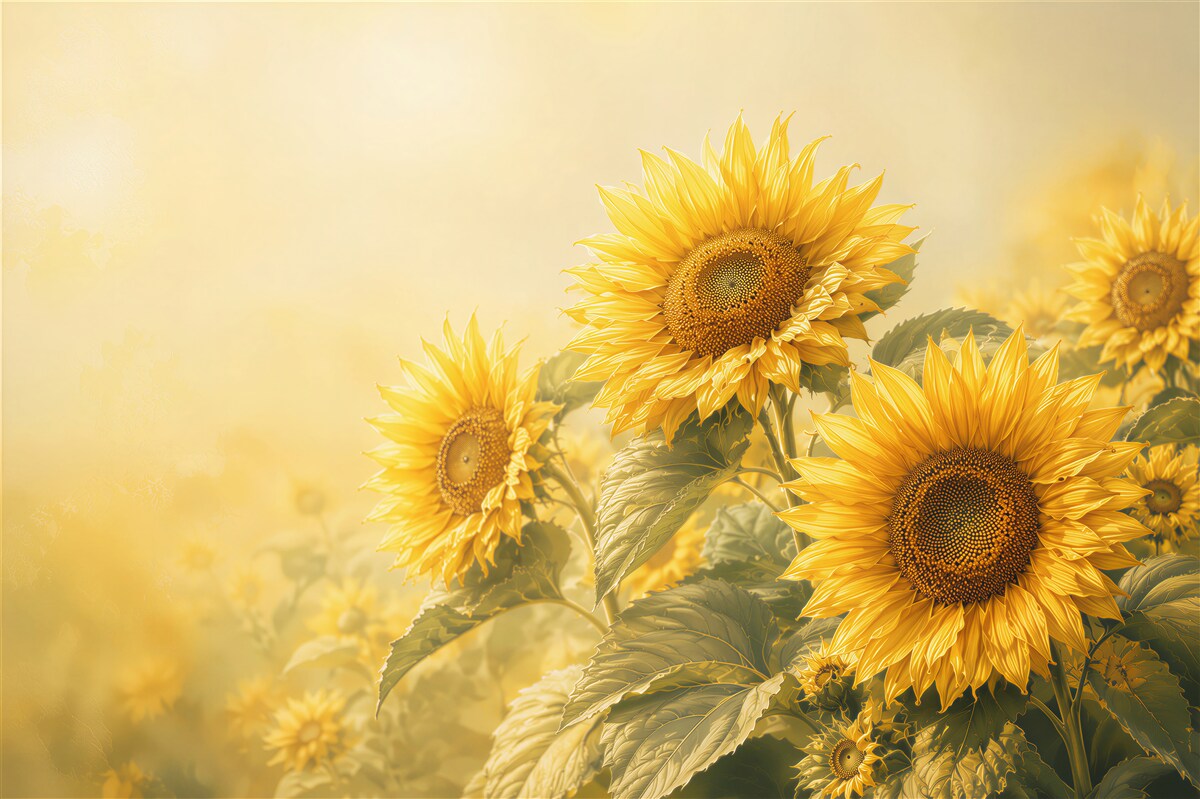 Fototapeten goldene Sonnenblumen auf hellem Hintergrund für ein warmes Wohnzimmer