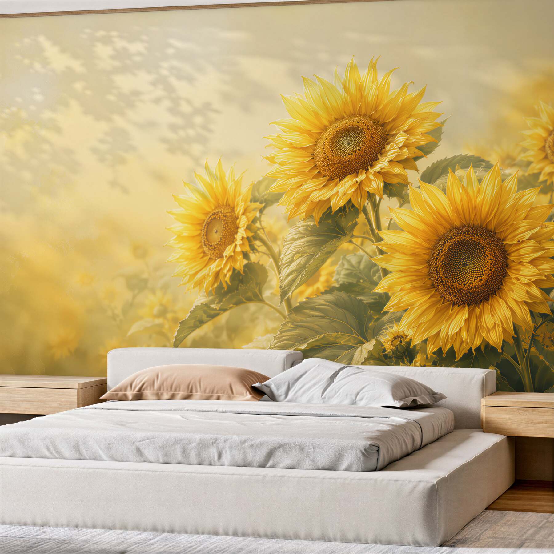 Fototapeten goldene Sonnenblumen auf hellem Hintergrund für ein warmes Wohnzimmer