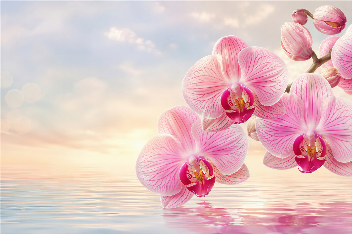 Fototapeten rosa Orchideen über Wasser im romantischen Licht