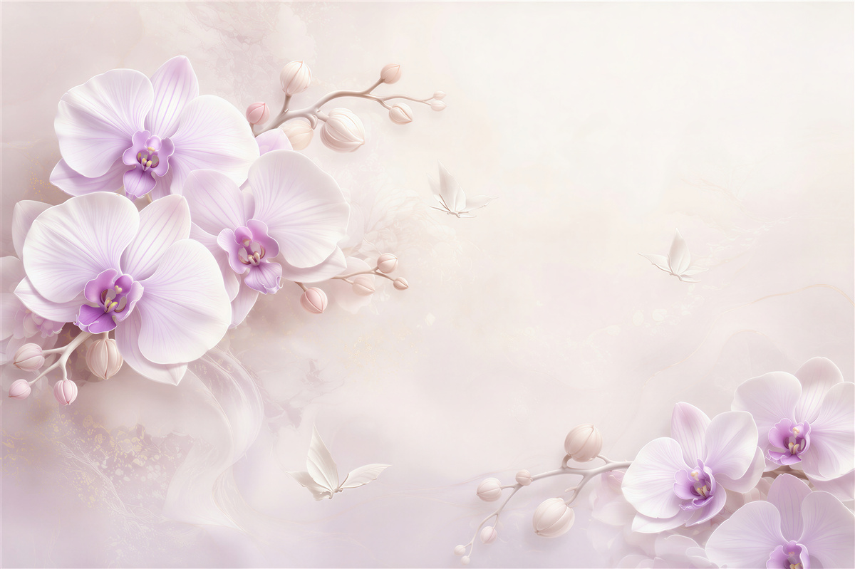 Fototapeten weiße Pastellorchideen mit Schmetterlingen auf hellem Hintergrund