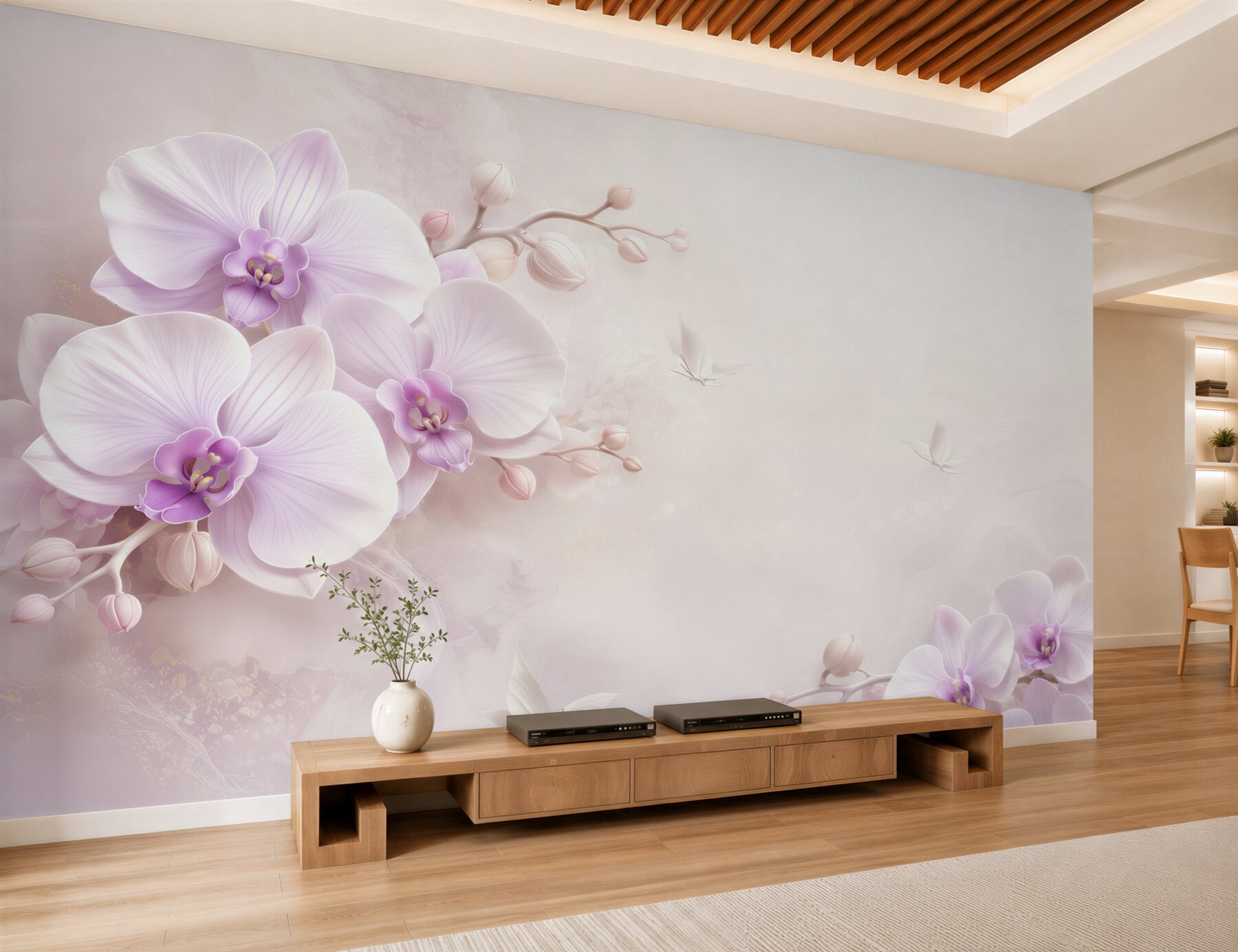 Fototapeten weiße Pastellorchideen mit Schmetterlingen auf hellem Hintergrund