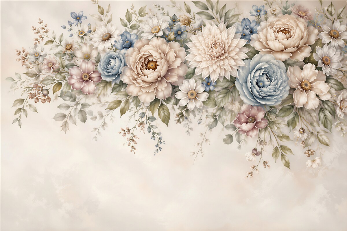 Fototapeten pastellfarbene Blumen in Beige und Blau romantisch für das Schlafzimmer oder Wohnzimmer