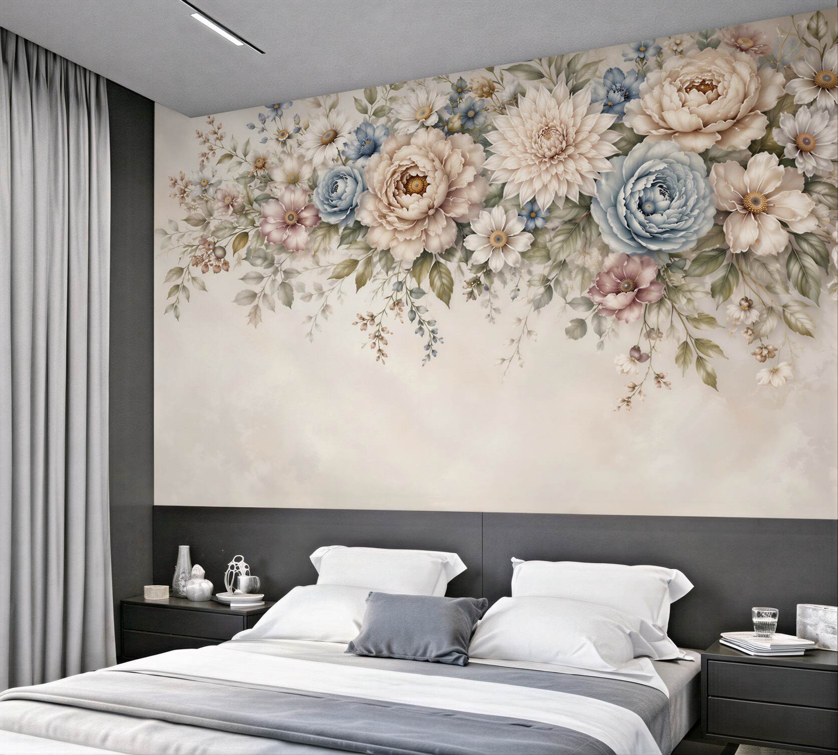 Fototapeten pastellfarbene Blumen in Beige und Blau romantisch für das Schlafzimmer oder Wohnzimmer