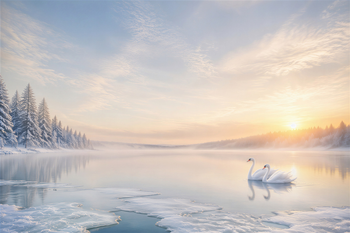 Fototapeten Winterlandschaft mit Schwänen auf dem See bei Sonnenaufgang