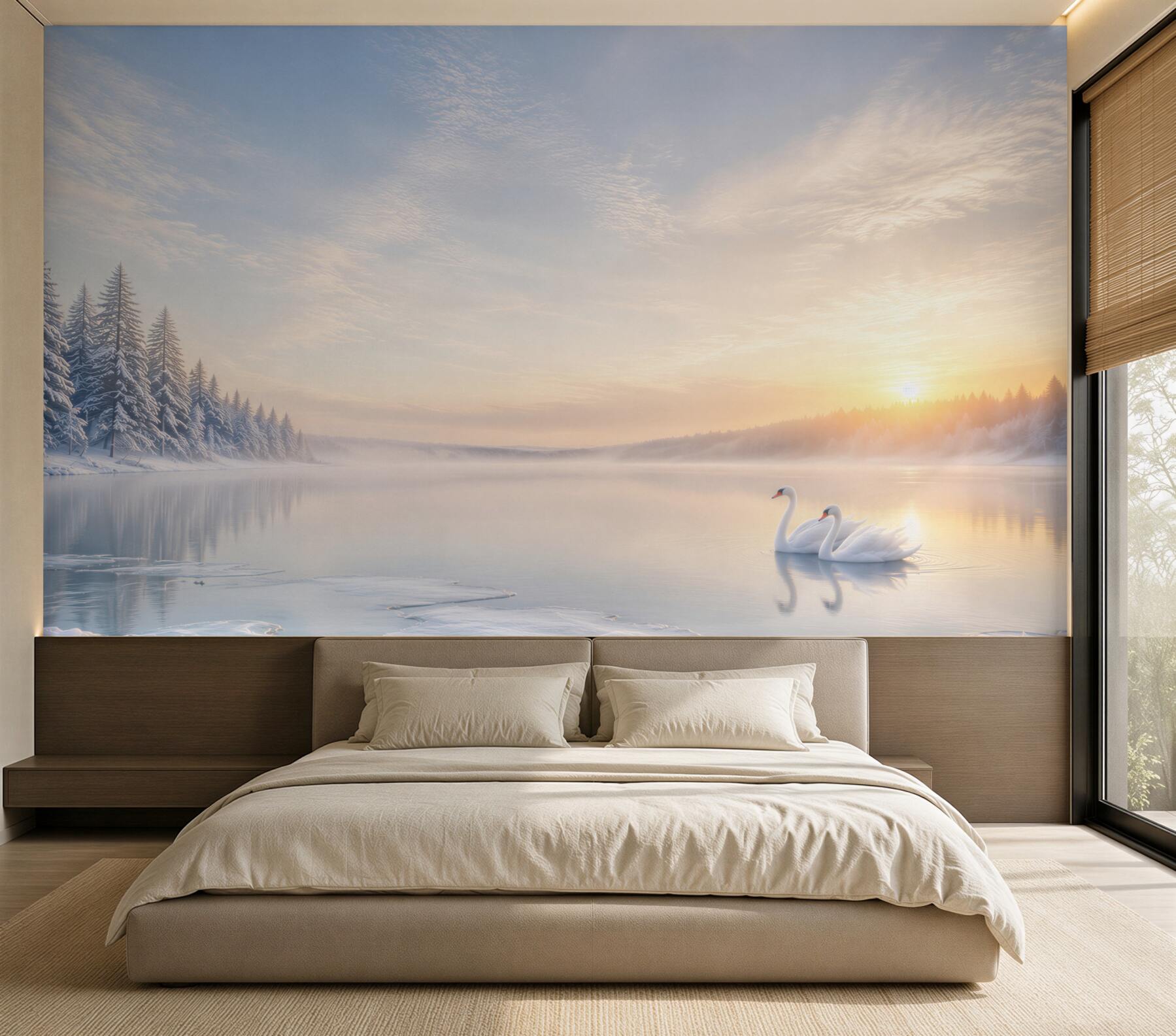 Fototapeten Winterlandschaft mit Schwänen auf dem See bei Sonnenaufgang