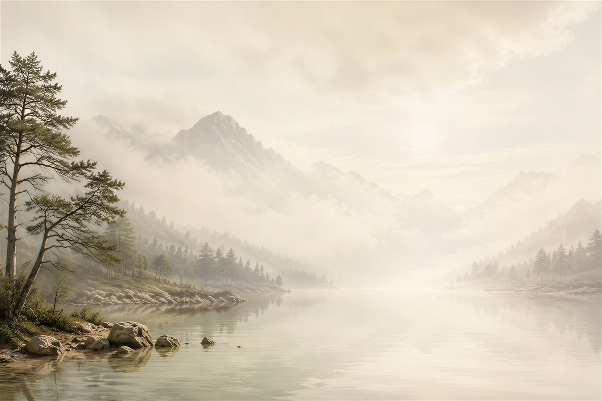 Fototapeten Berge im Nebel über einem See ruhige Landschaft in beigen Tönen