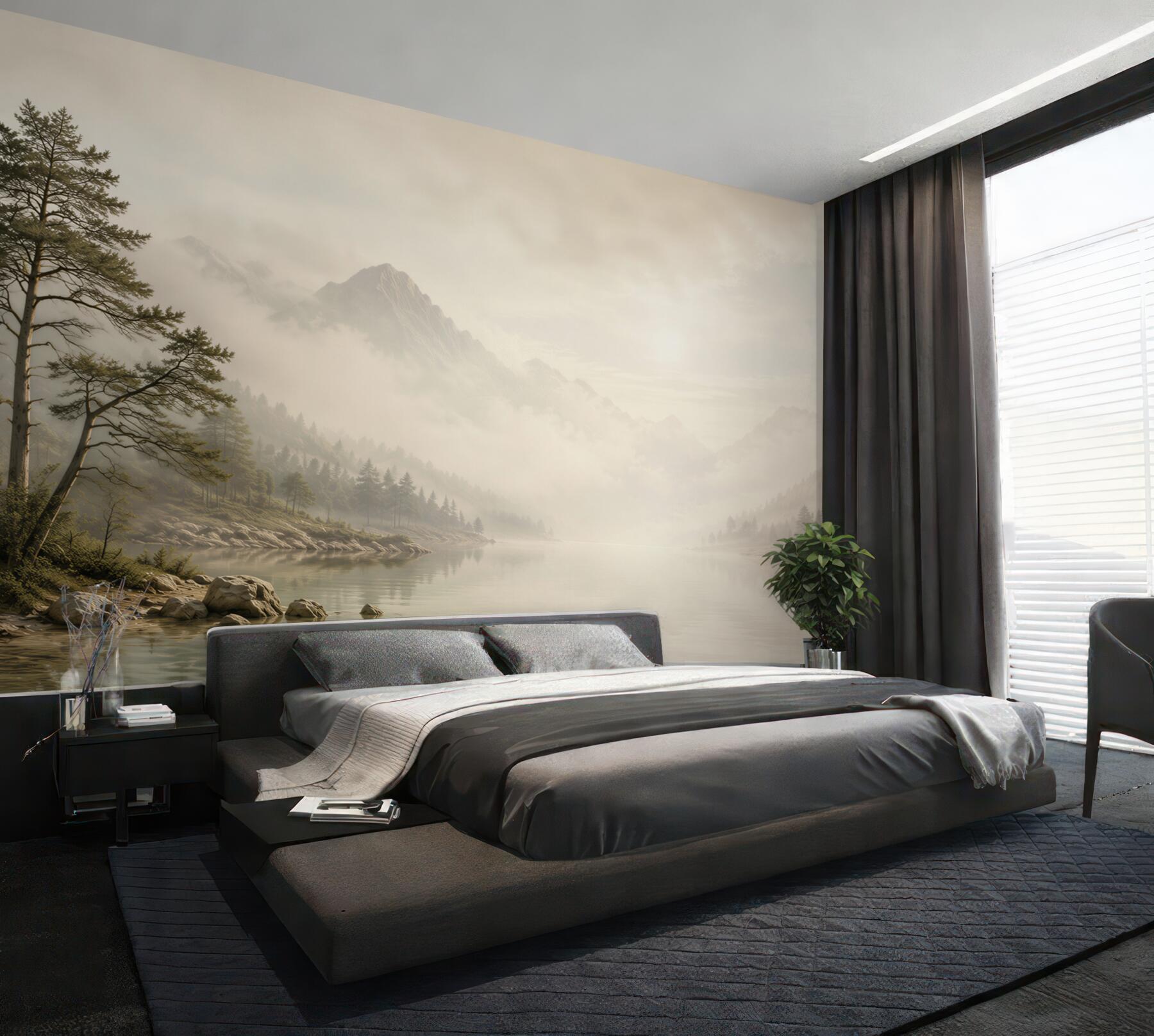 Fototapeten Berge im Nebel über einem See ruhige Landschaft in beigen Tönen