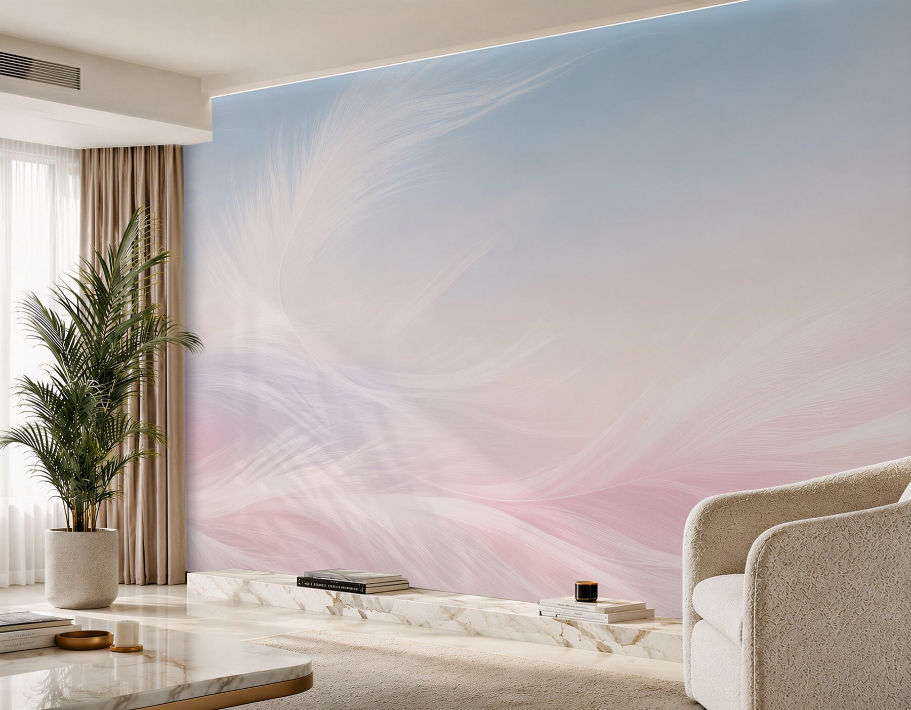 Fototapeten zarte pastellfarbene rosa und blaue Federn für das Schlafzimmer