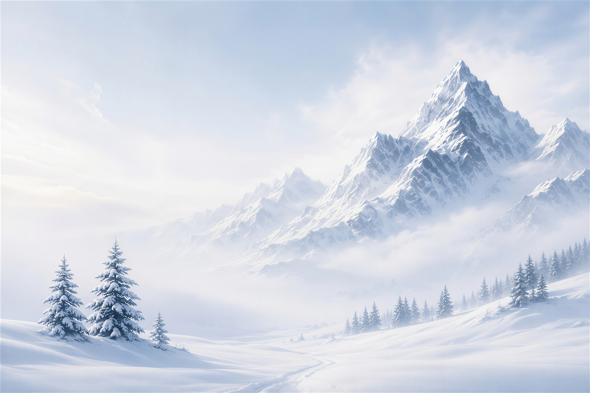 Fototapeten verschneite Berge im Nebel Winterlandschaft