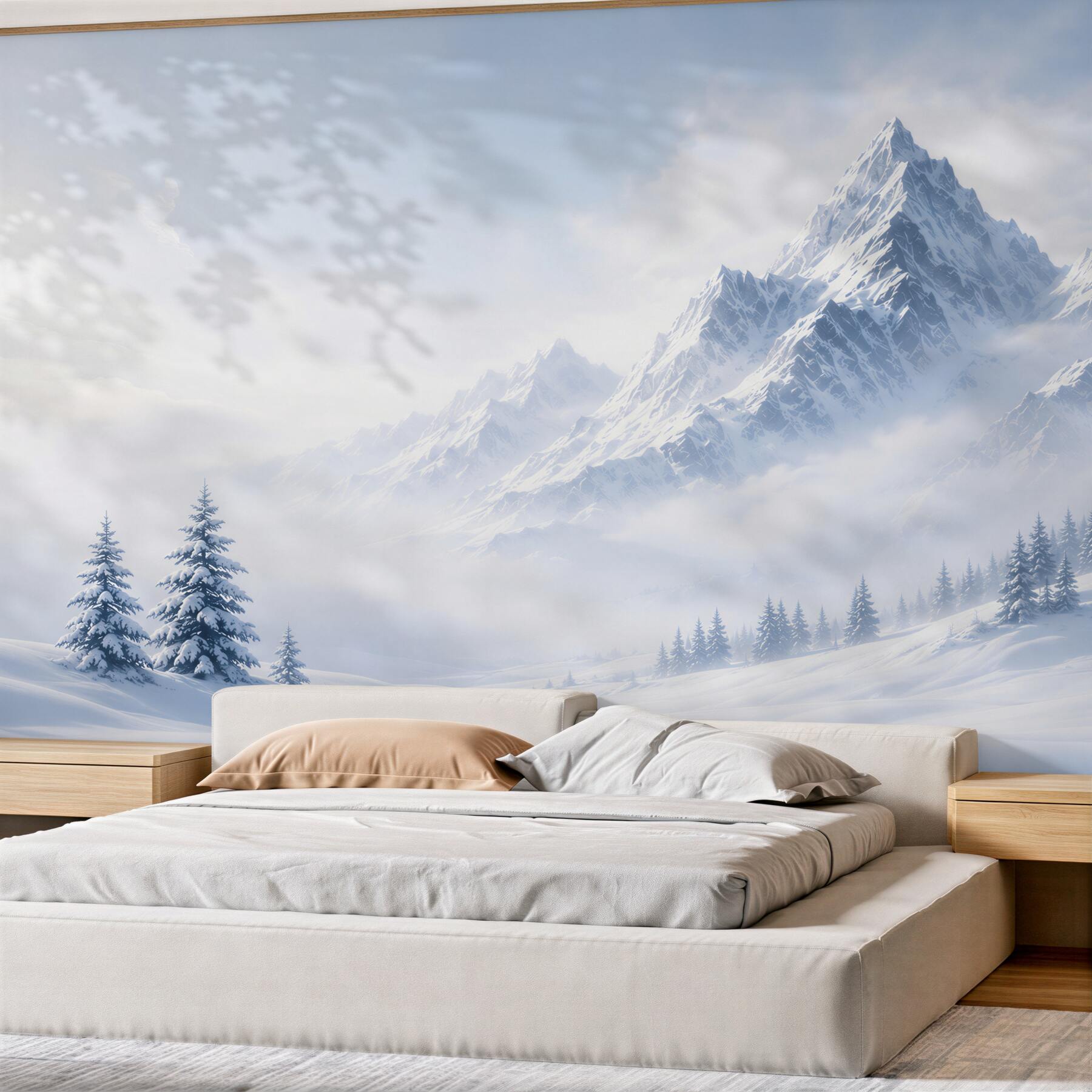 Fototapeten verschneite Berge im Nebel Winterlandschaft