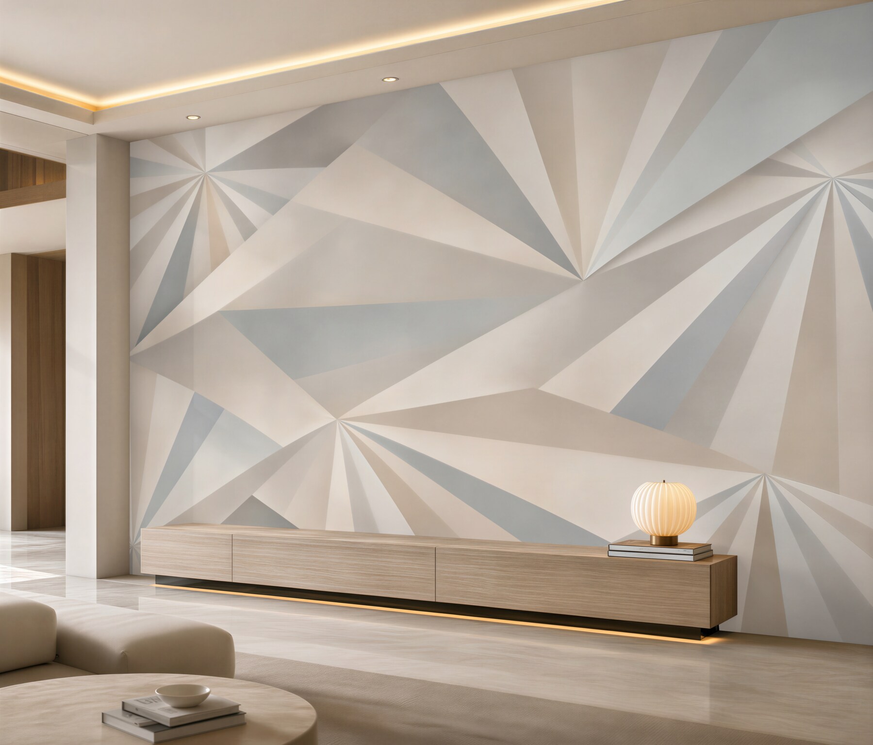 Fototapeten geometrische abstraktion grau-beige mit strahlendem muster 3D