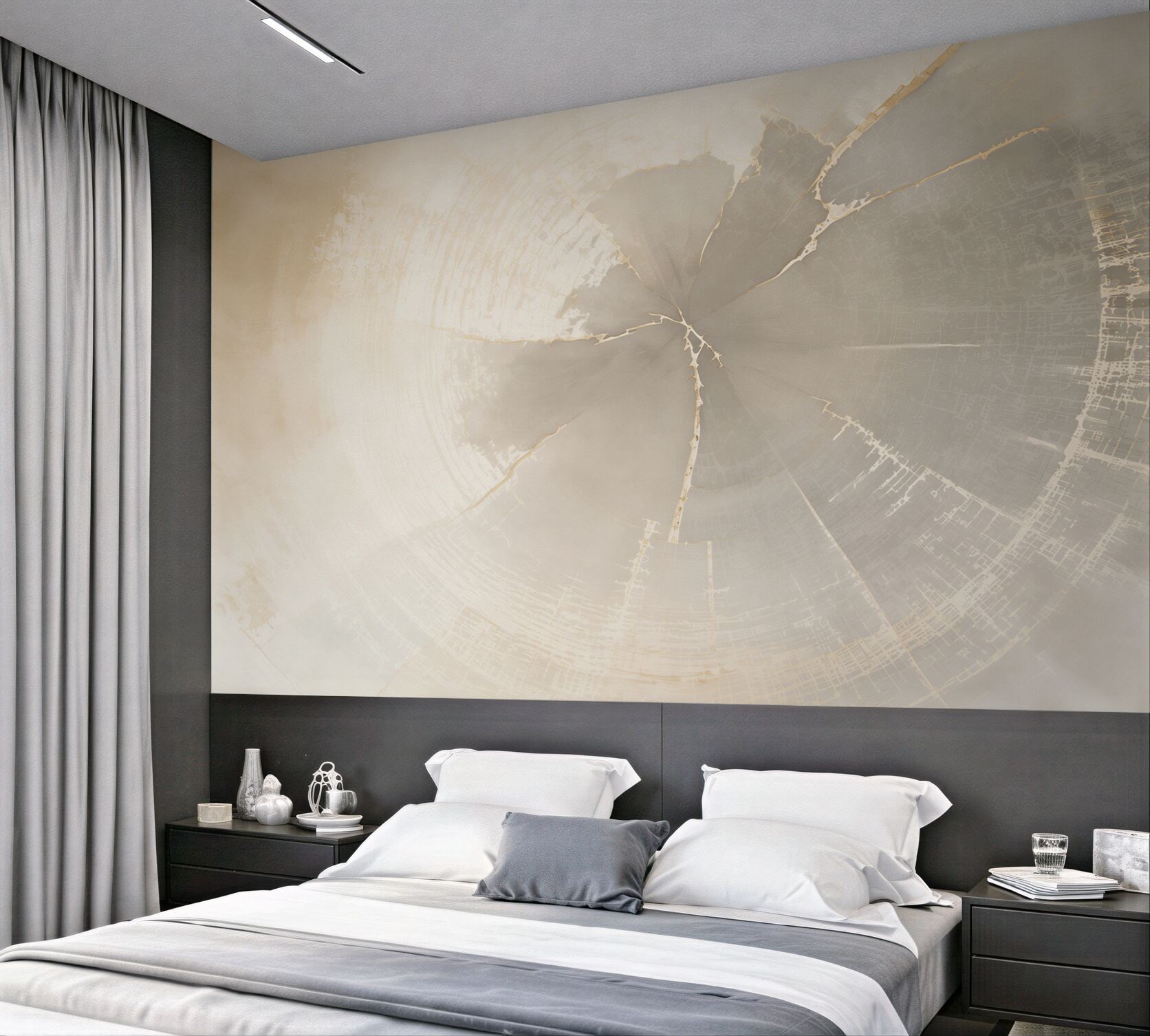 Fototapeten abstrakte Holzmaserungen in beige-grau mit einem sanften goldenen Akzent