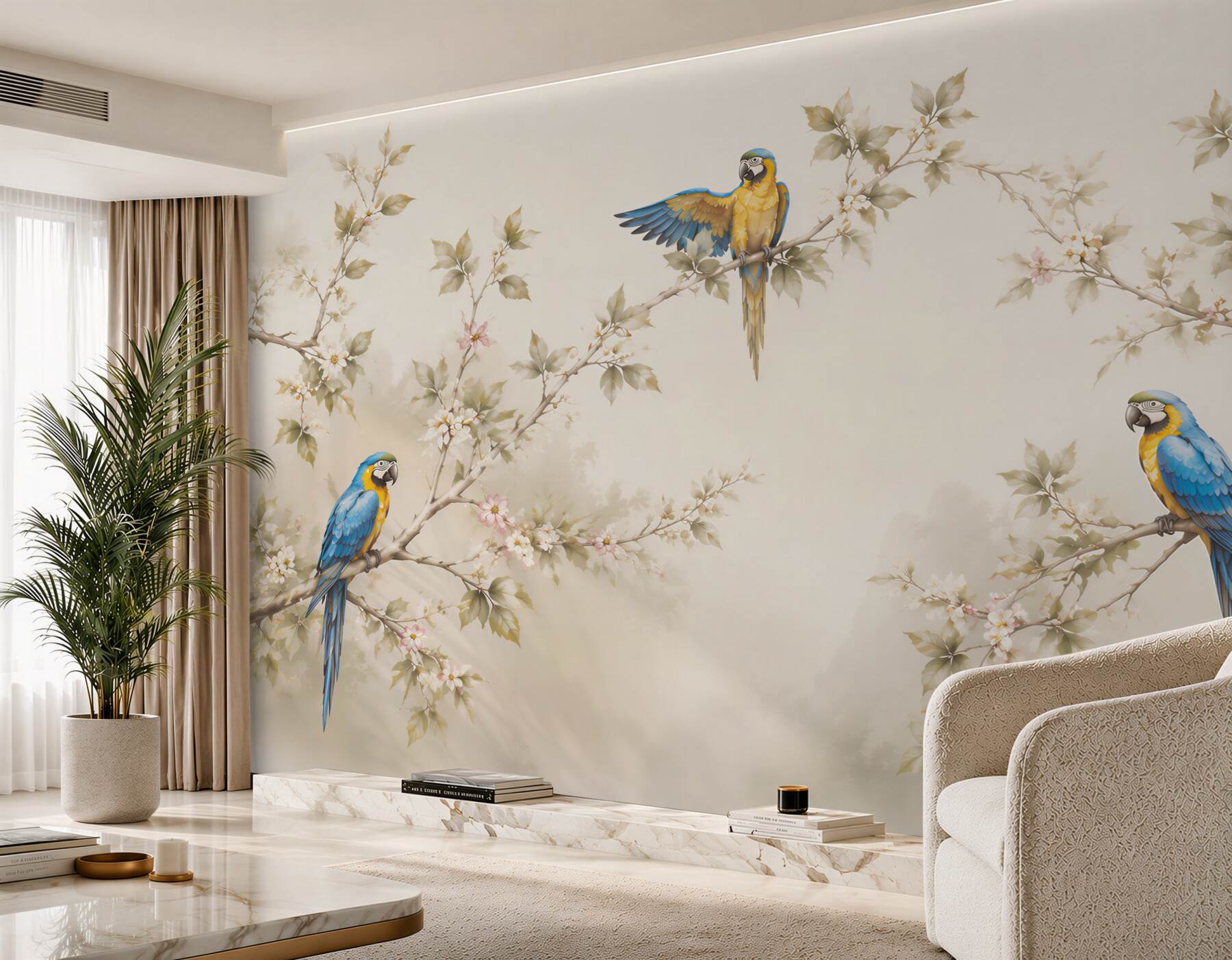 Fototapeten papageien auf blühenden zweigen beige elegant orientalisch
