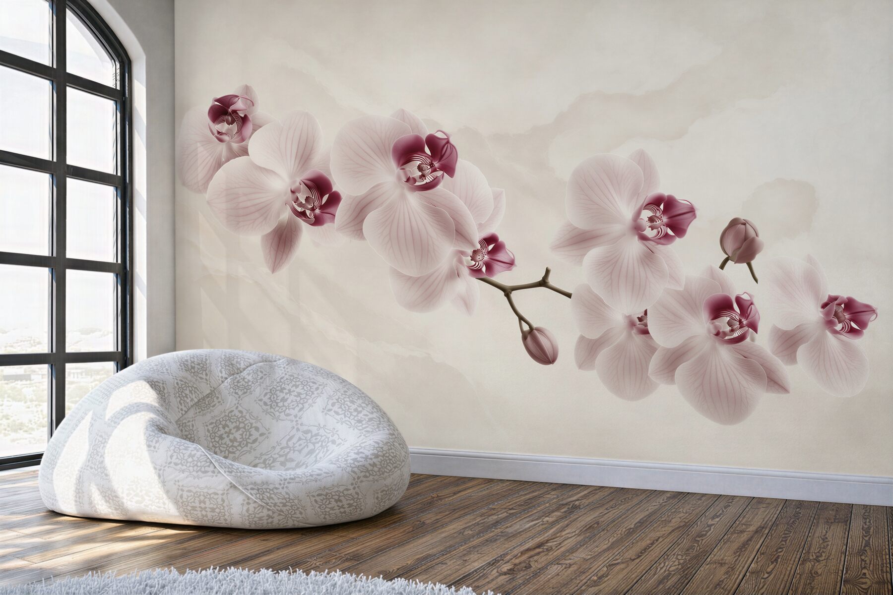 Fototapeten pudrig rosa Orchideen auf hellem Hintergrund elegant für das Schlafzimmer