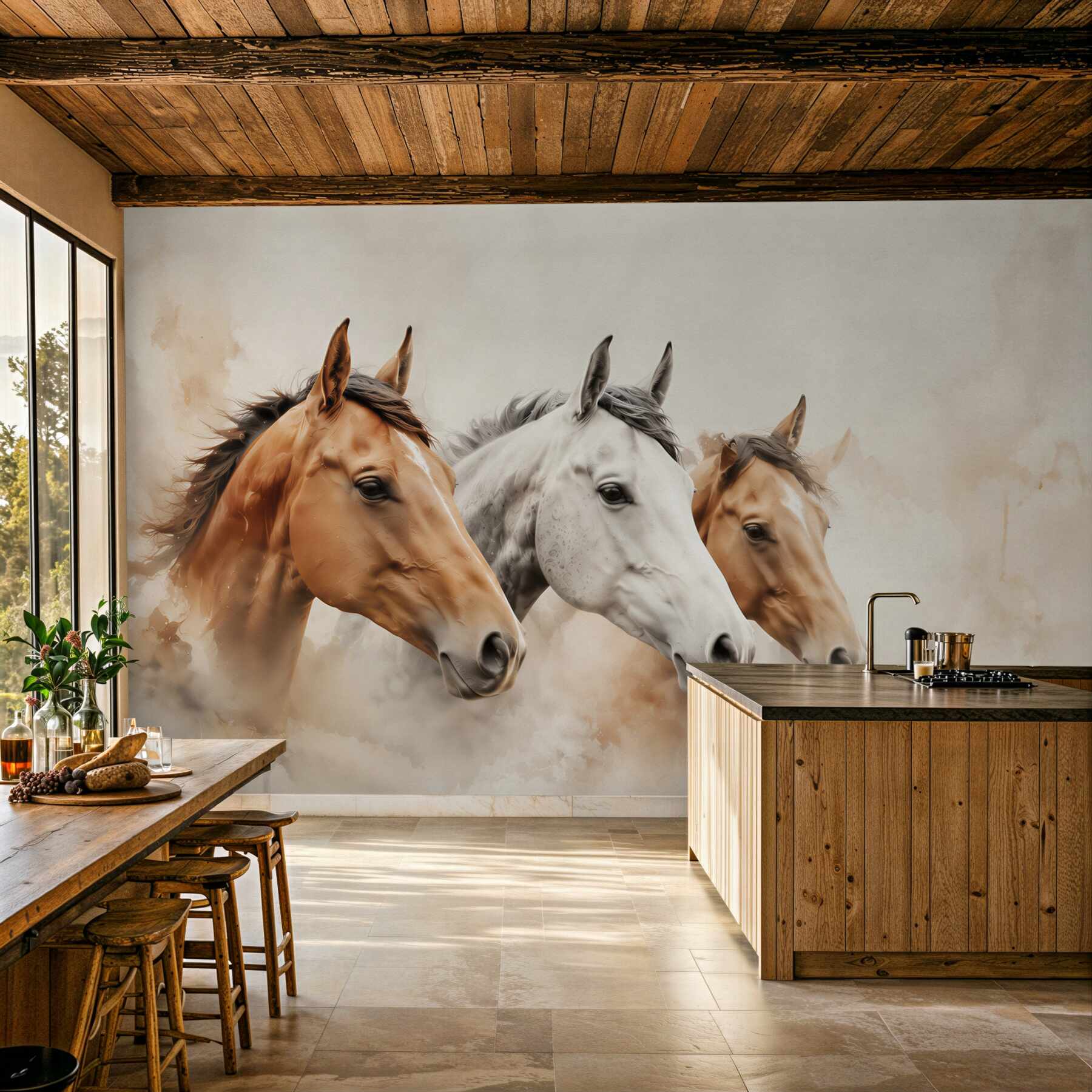 Fototapeten drei Pferde Aquarell in beigen Tönen für das Wohnzimmer