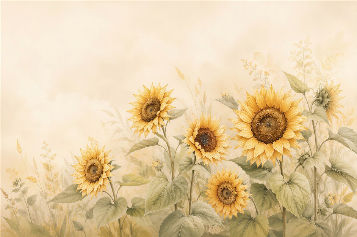 Fototapeten gelbe Sonnenblumen auf beigem Hintergrund für ein gemütliches Zuhause