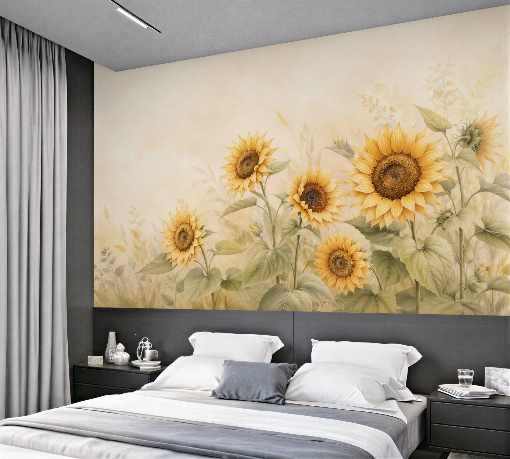 Fototapeten gelbe Sonnenblumen auf beigem Hintergrund für ein gemütliches Zuhause