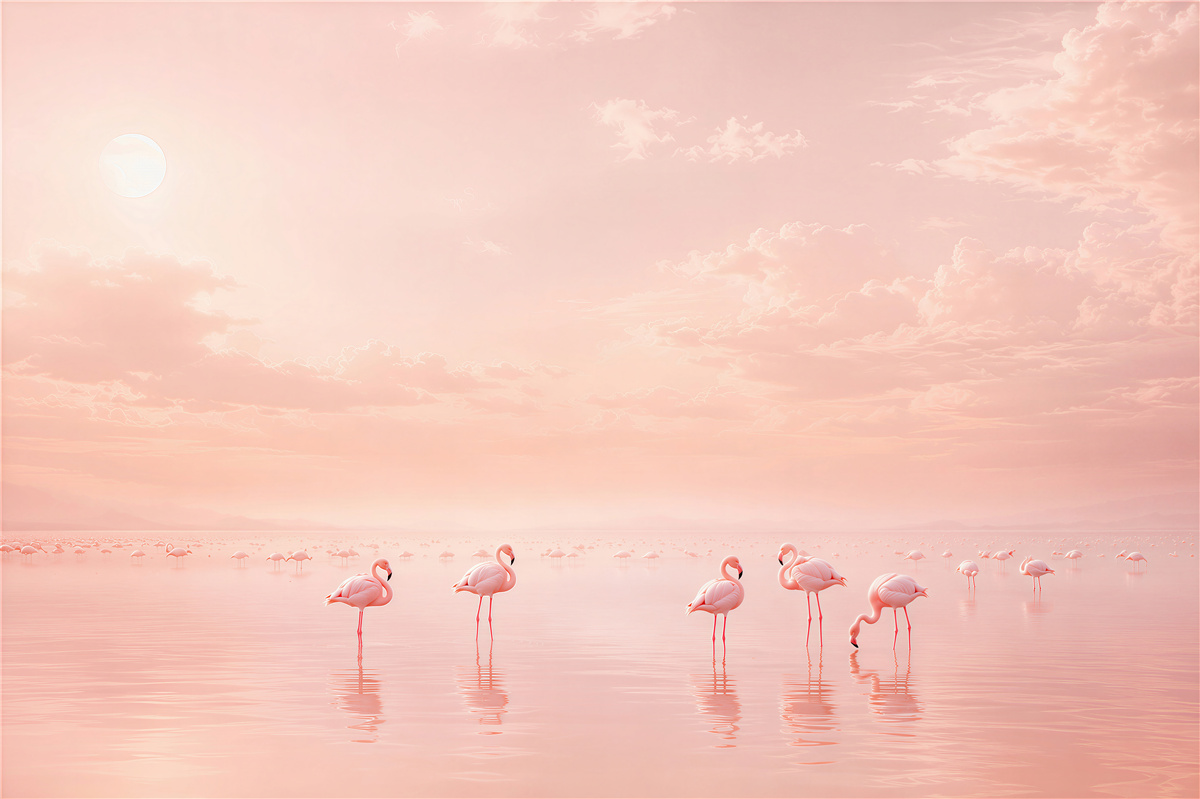 Fototapeten rosa Flamingos auf ruhigem Wasser Pastell