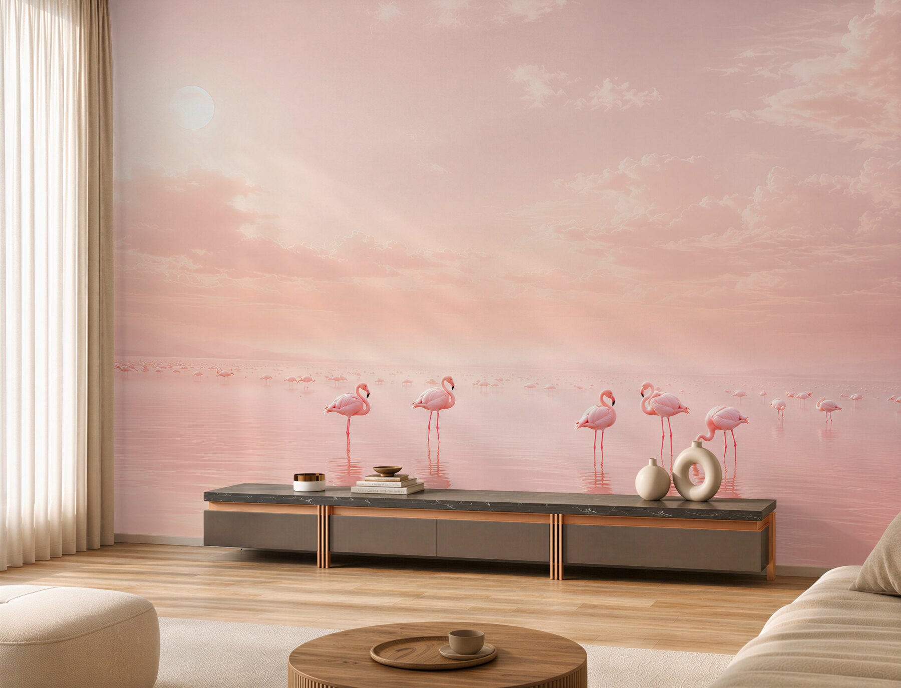 Fototapeten rosa Flamingos auf ruhigem Wasser Pastell