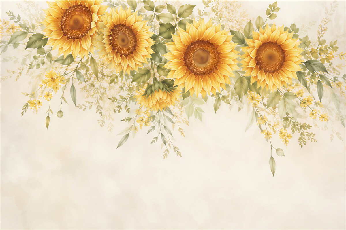 Fototapeten Sonnenblumen mit grünen Blättern auf hellem Hintergrund
