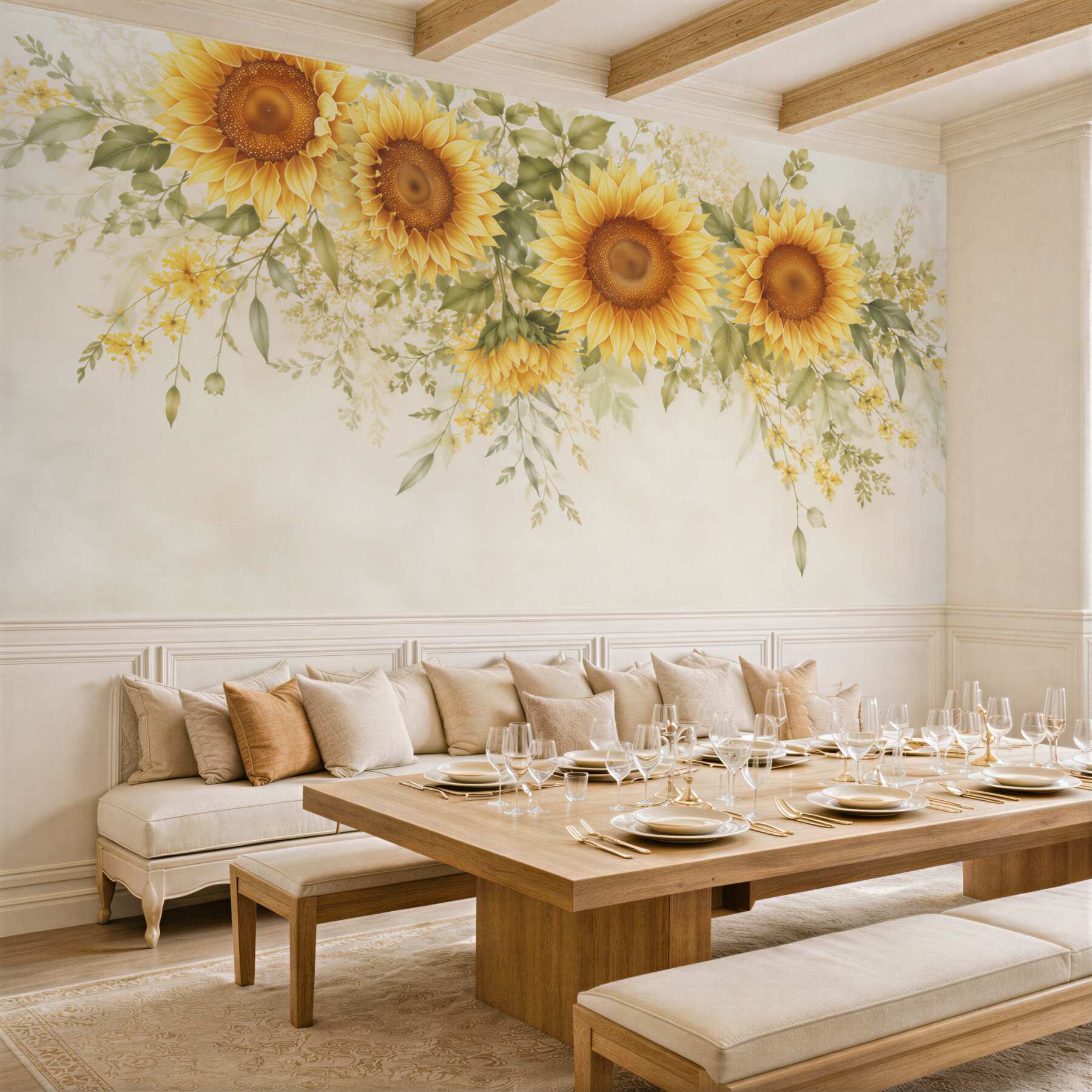 Fototapeten Sonnenblumen mit grünen Blättern auf hellem Hintergrund