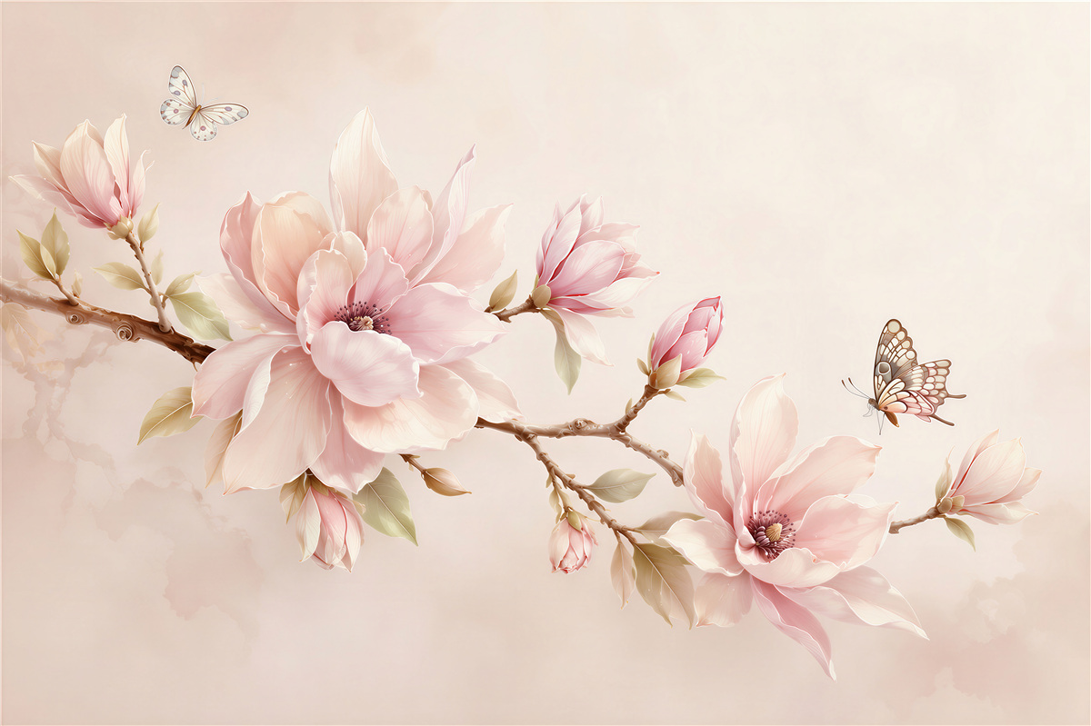 Fototapeten rosa Magnolien mit Schmetterlingen auf zartem beigem Hintergrund