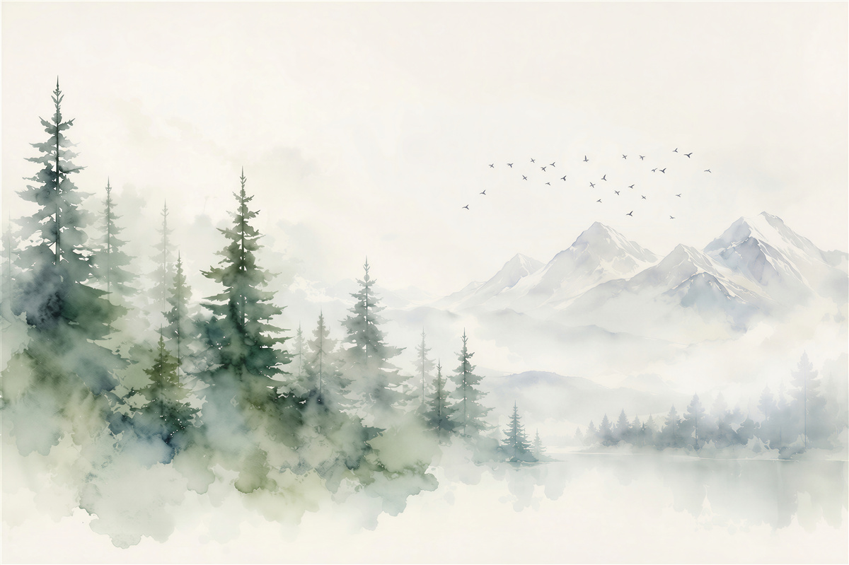 Fototapeten berge im nebel mit kiefernwald aquarell