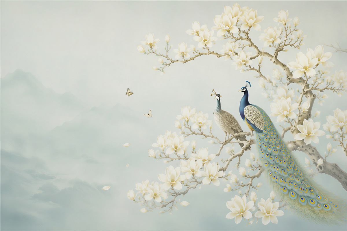 Fototapeten pfauen auf einem magnolienzweig orientalisch in hellen farben