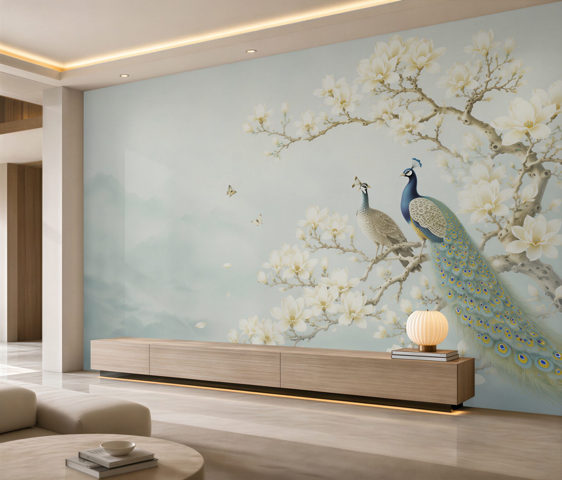 Fototapeten pfauen auf einem magnolienzweig orientalisch in hellen farben