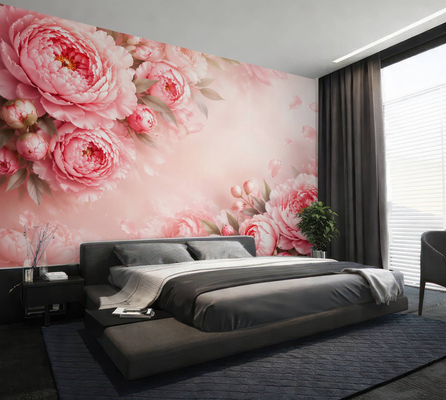 Fototapeten rosa Pfingstrosen auf pastellfarbenem Hintergrund romantisch für das Schlafzimmer