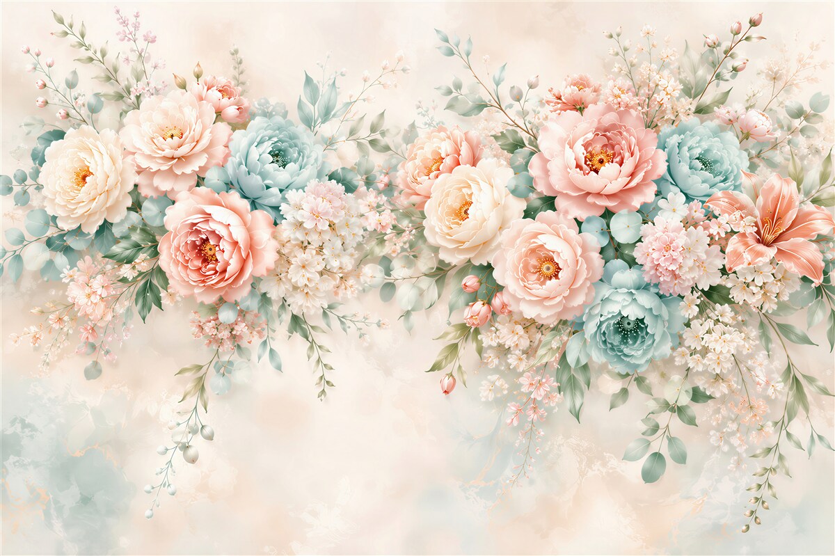 Fototapeten pastellfarbene Blumen Pfingstrosen und Rosen romantisch für das Schlafzimmer