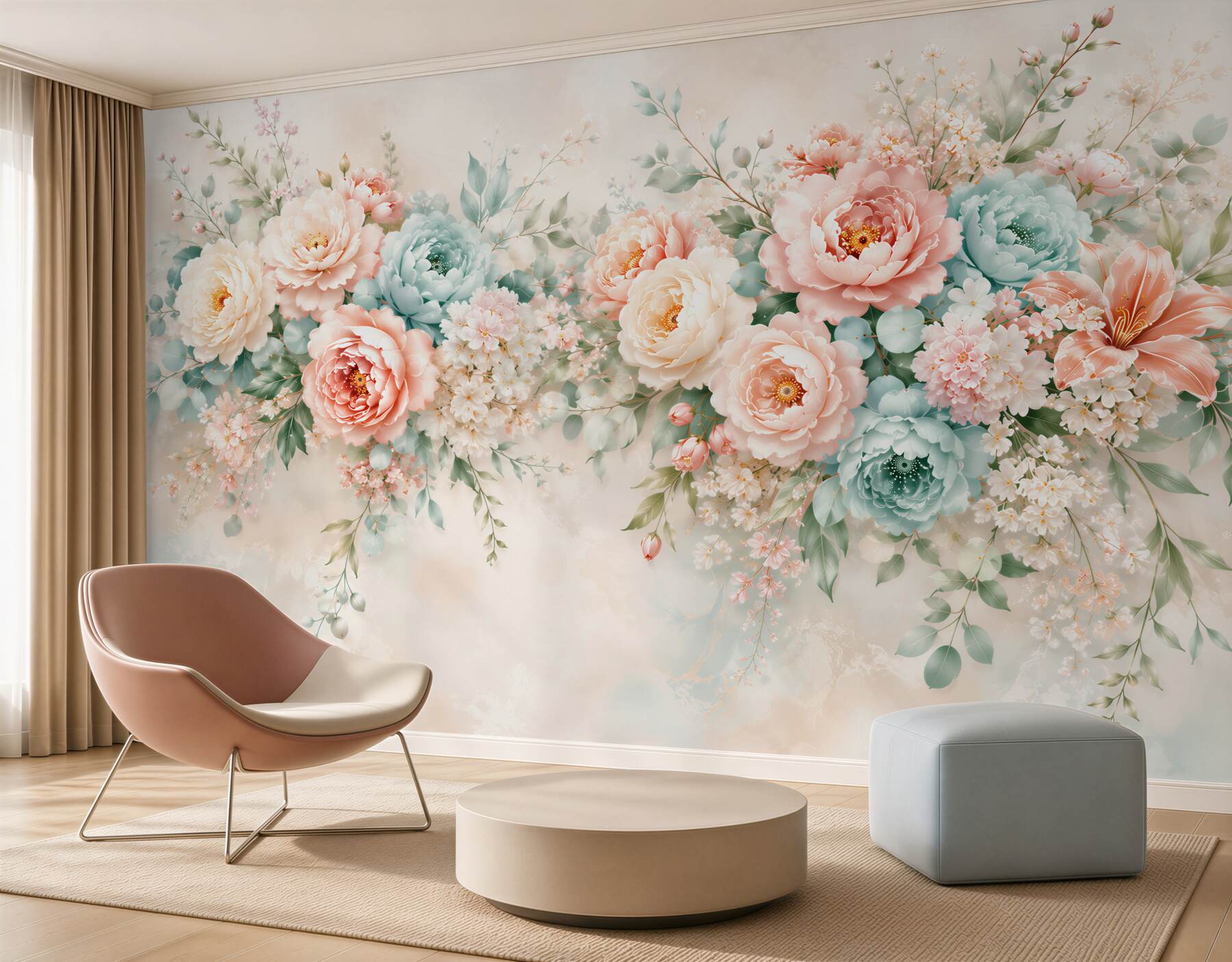 Fototapeten pastellfarbene Blumen Pfingstrosen und Rosen romantisch für das Schlafzimmer