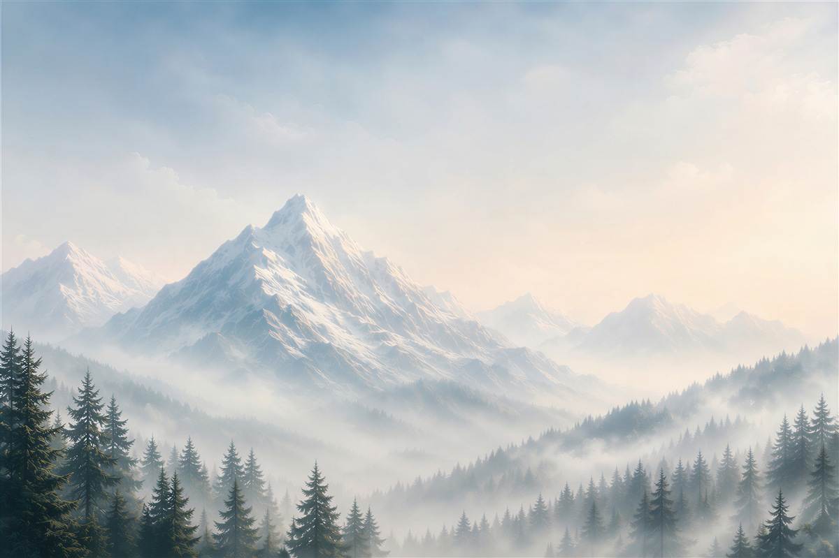 Fototapeten Berge im Nebel und Nadelwald in beruhigenden Blautönen
