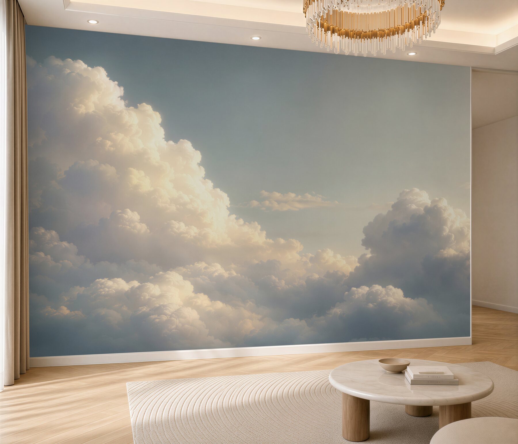 Fototapeten Wolken in den Sonnenstrahlen hell und entspannend für das Wohnzimmer