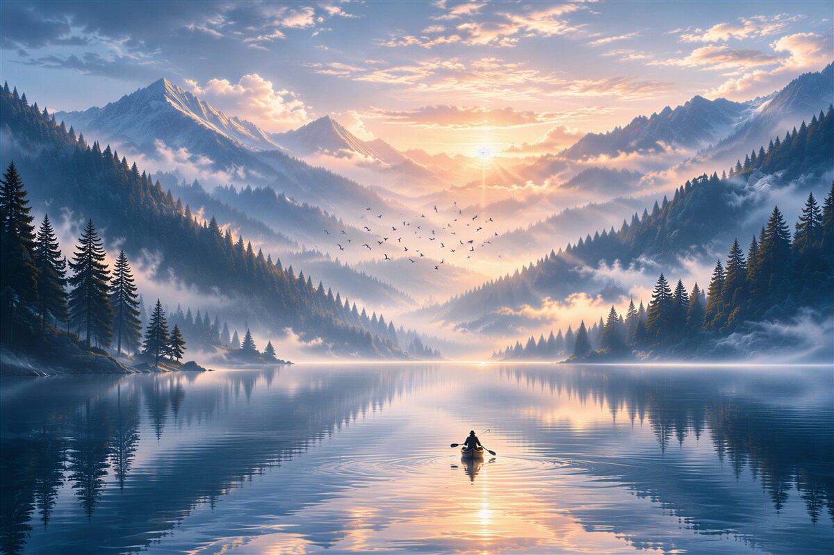 Fototapeten Berge über dem See bei Sonnenaufgang mit Nebel
