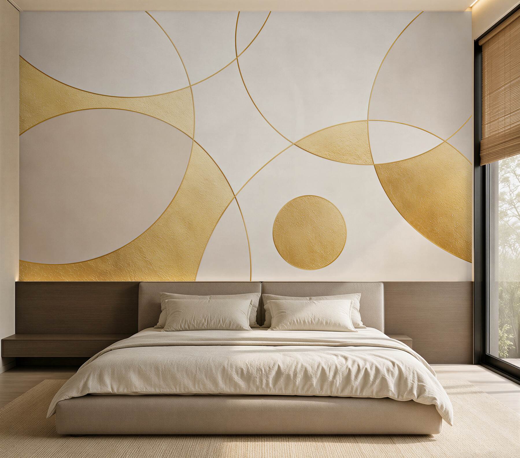 Fototapeten goldene geometrische Kreise auf cremefarbenem Hintergrund elegant und modern