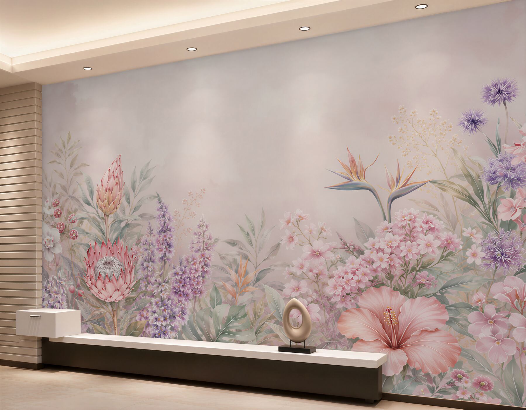 Fototapeten exotische Pastellblumen auf beigem Hintergrund romantisch