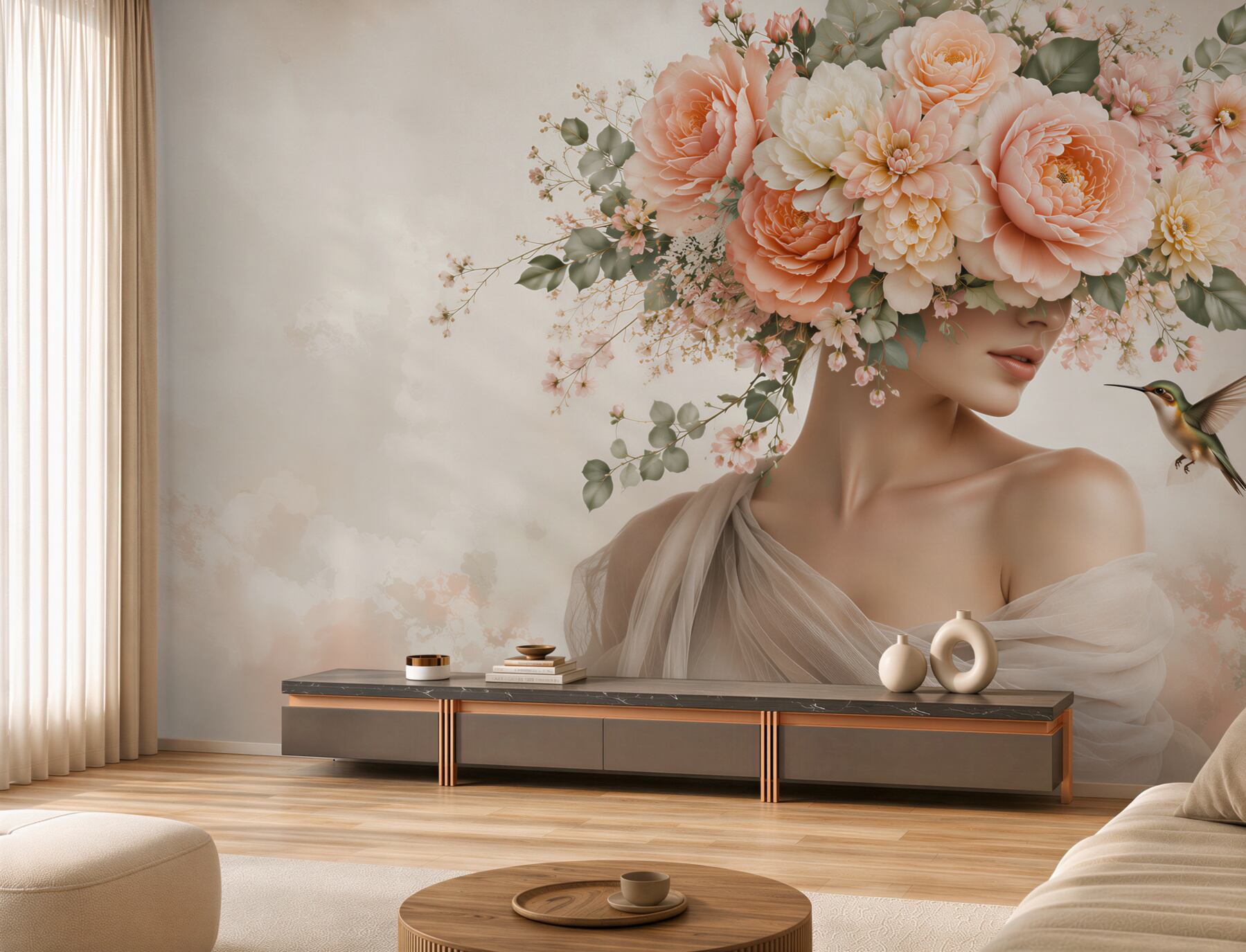 Fototapeten Frau in Blumen mit Kolibri pastell für das Schlafzimmer