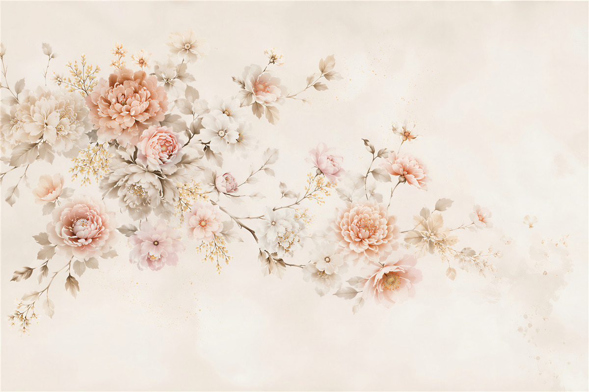 Fototapeten zarte Pfingstrosen beige-rosa auf hellem Hintergrund elegant