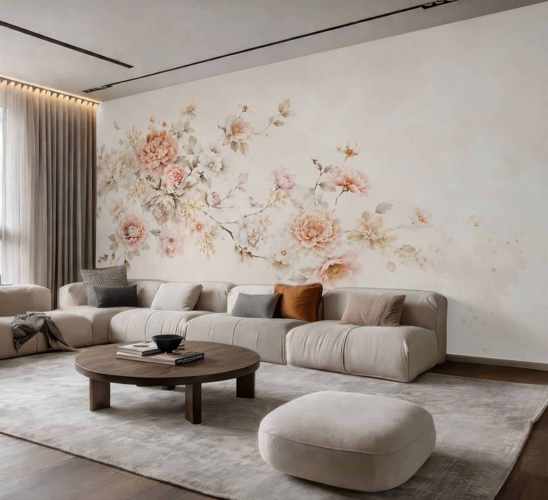 Fototapeten zarte Pfingstrosen beige-rosa auf hellem Hintergrund elegant
