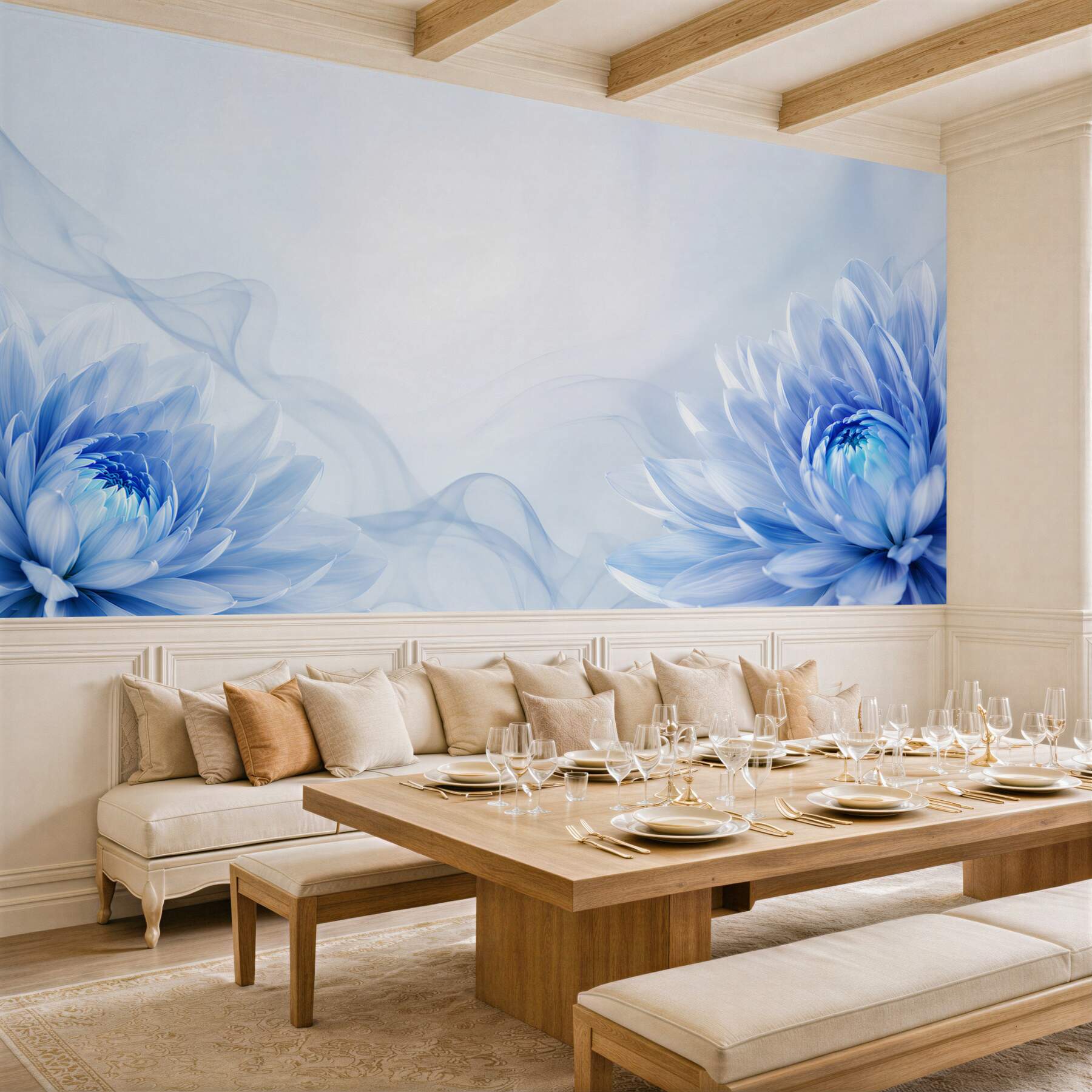 Fototapeten blaue Blumen auf hellem Hintergrund elegante florale Abstraktion
