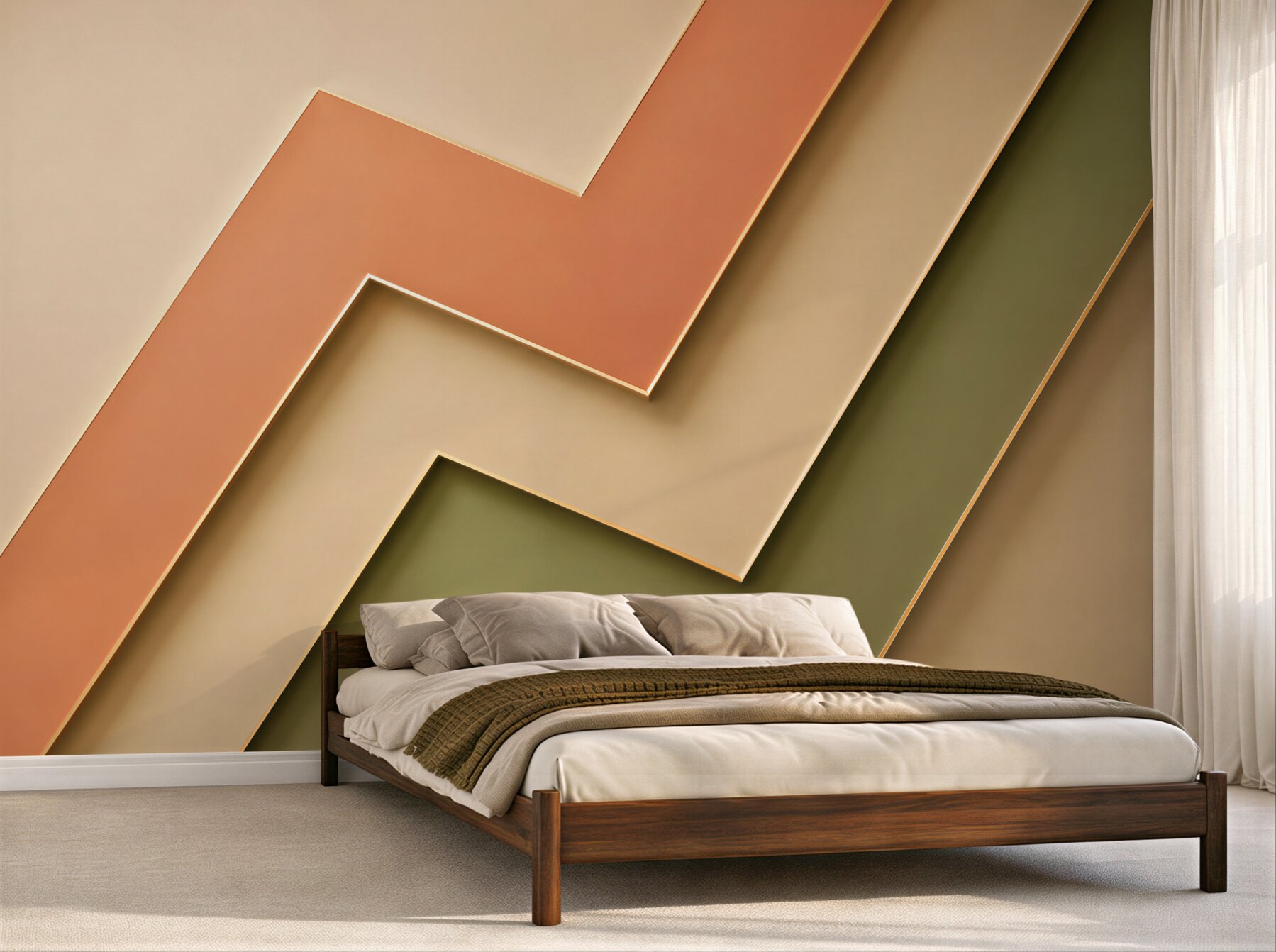 Fototapeten geometrische Streifen beige, olivgrün und terrakotta modern