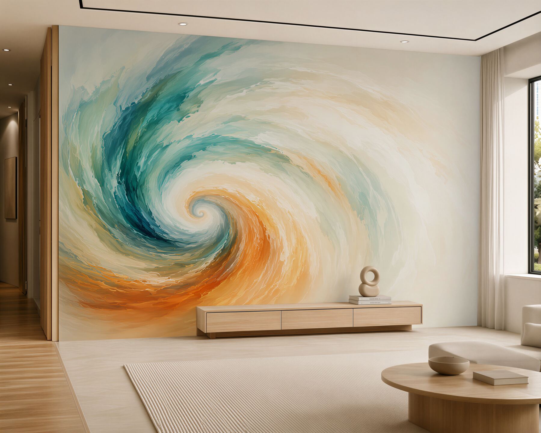 Fototapeten abstrakte türkis-orange Welle modern für das Wohnzimmer