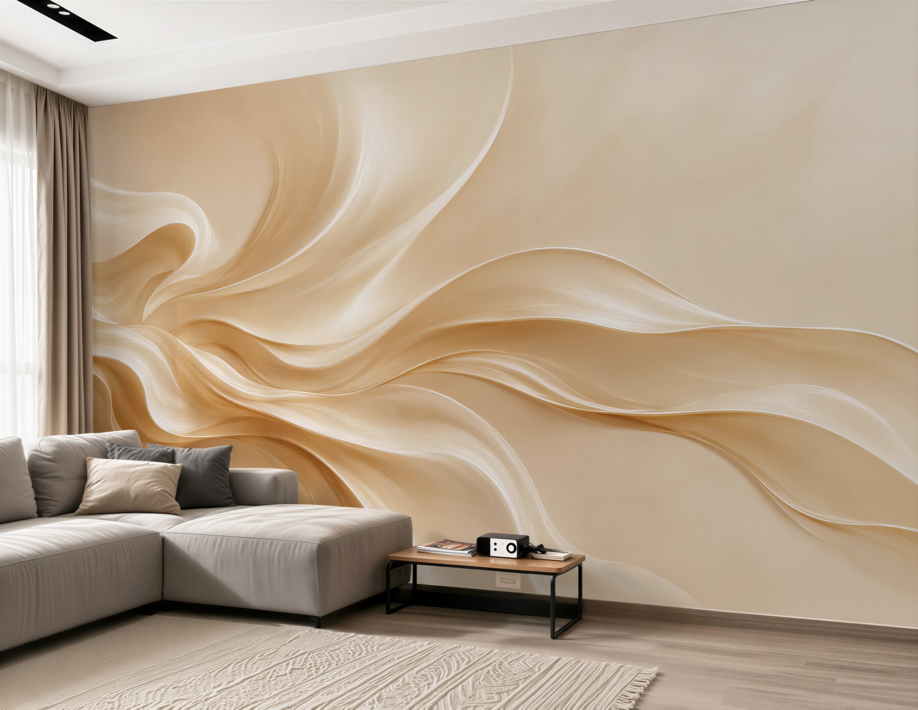 Fototapeten abstrakte goldene Wellen beige elegant für das Wohnzimmer