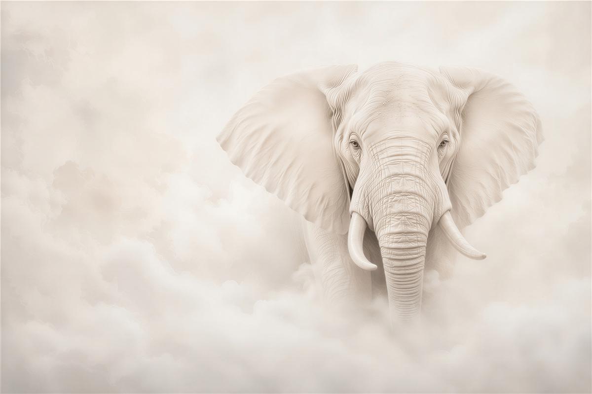 Fototapeten weißer Elefant in den Wolken subtile Eleganz für das Wohnzimmer