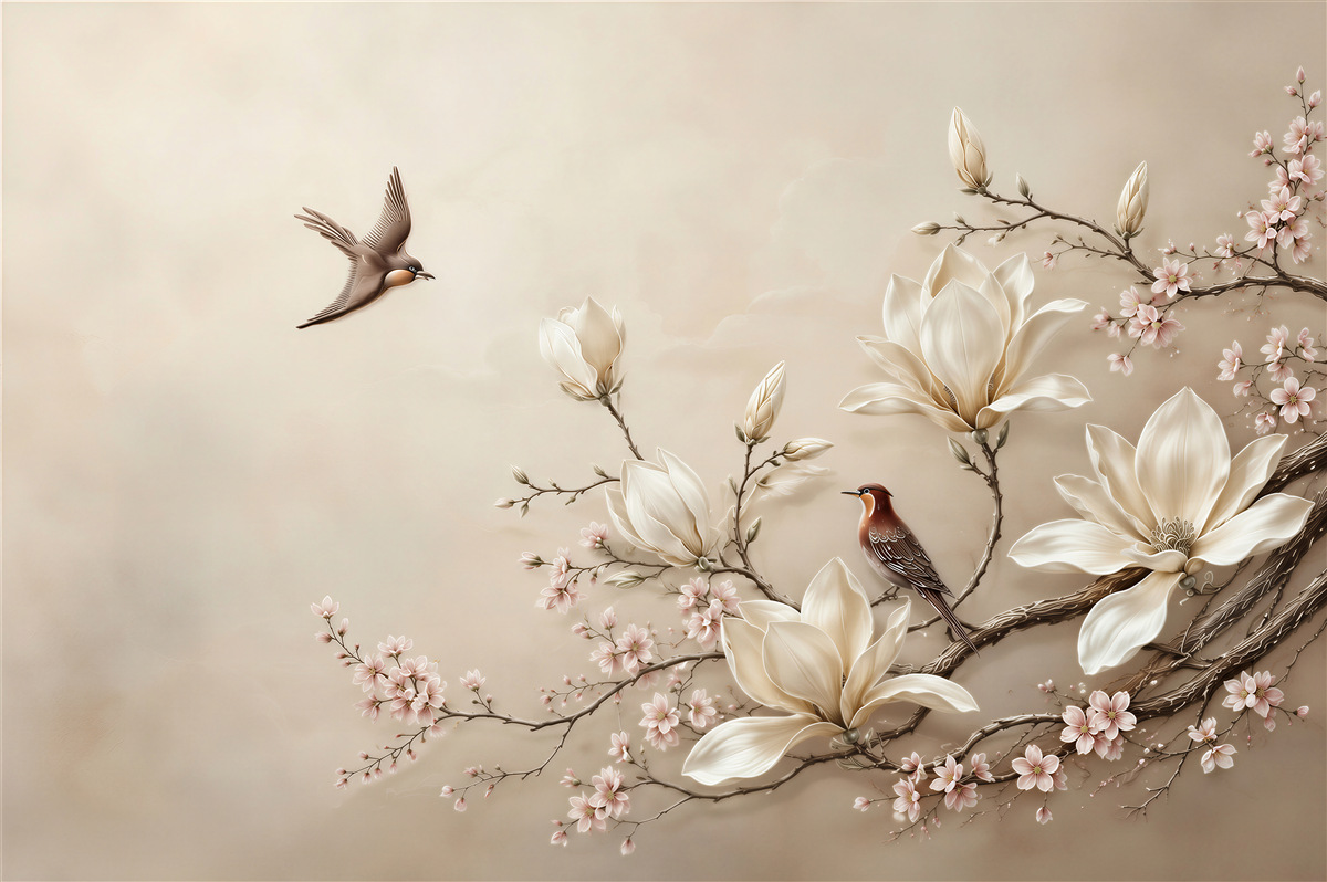 Fototapeten Magnolien und blühende Zweige mit Vögeln in beigen Pastelltönen