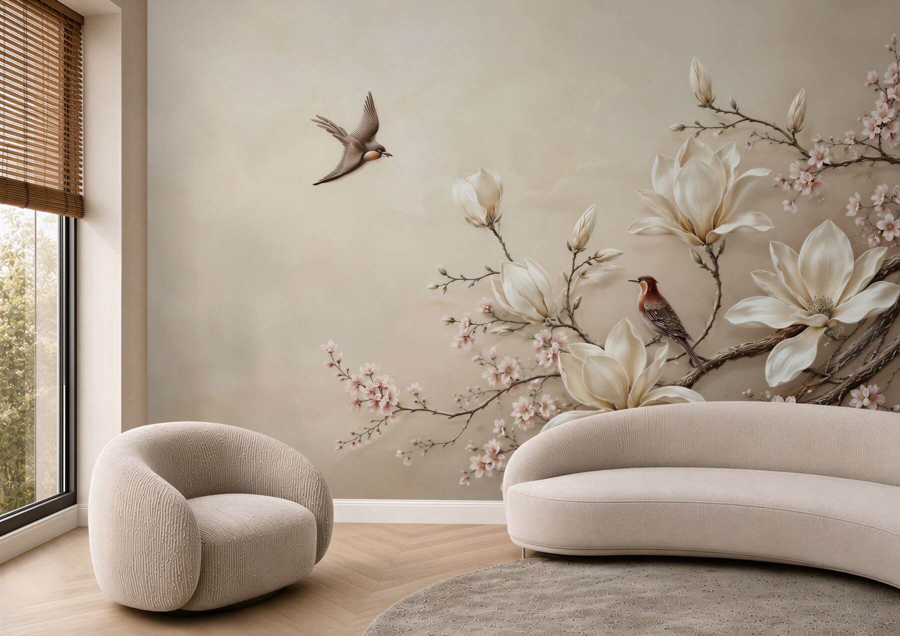 Fototapeten Magnolien und blühende Zweige mit Vögeln in beigen Pastelltönen