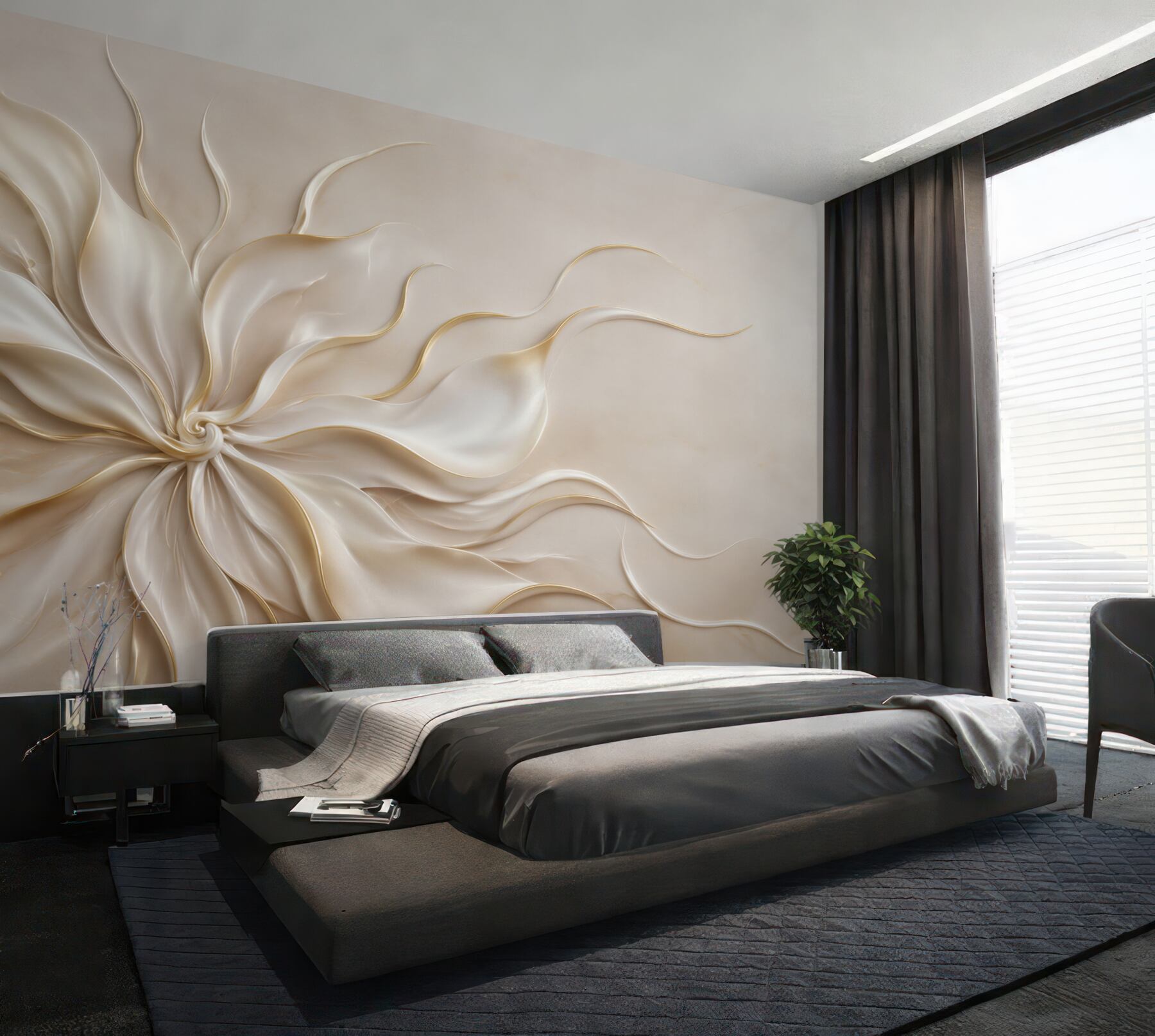 Fototapeten abstrakte Blume 3D beige-gold elegant für das Wohnzimmer