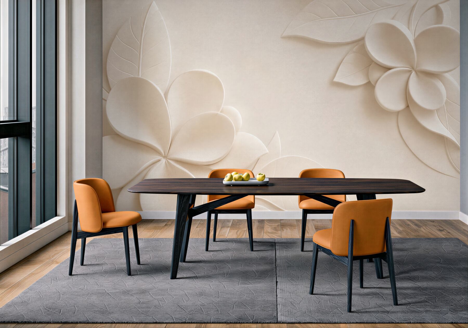 Fototapeten Blumen und Blätter 3D creme minimalistisch für das Schlafzimmer