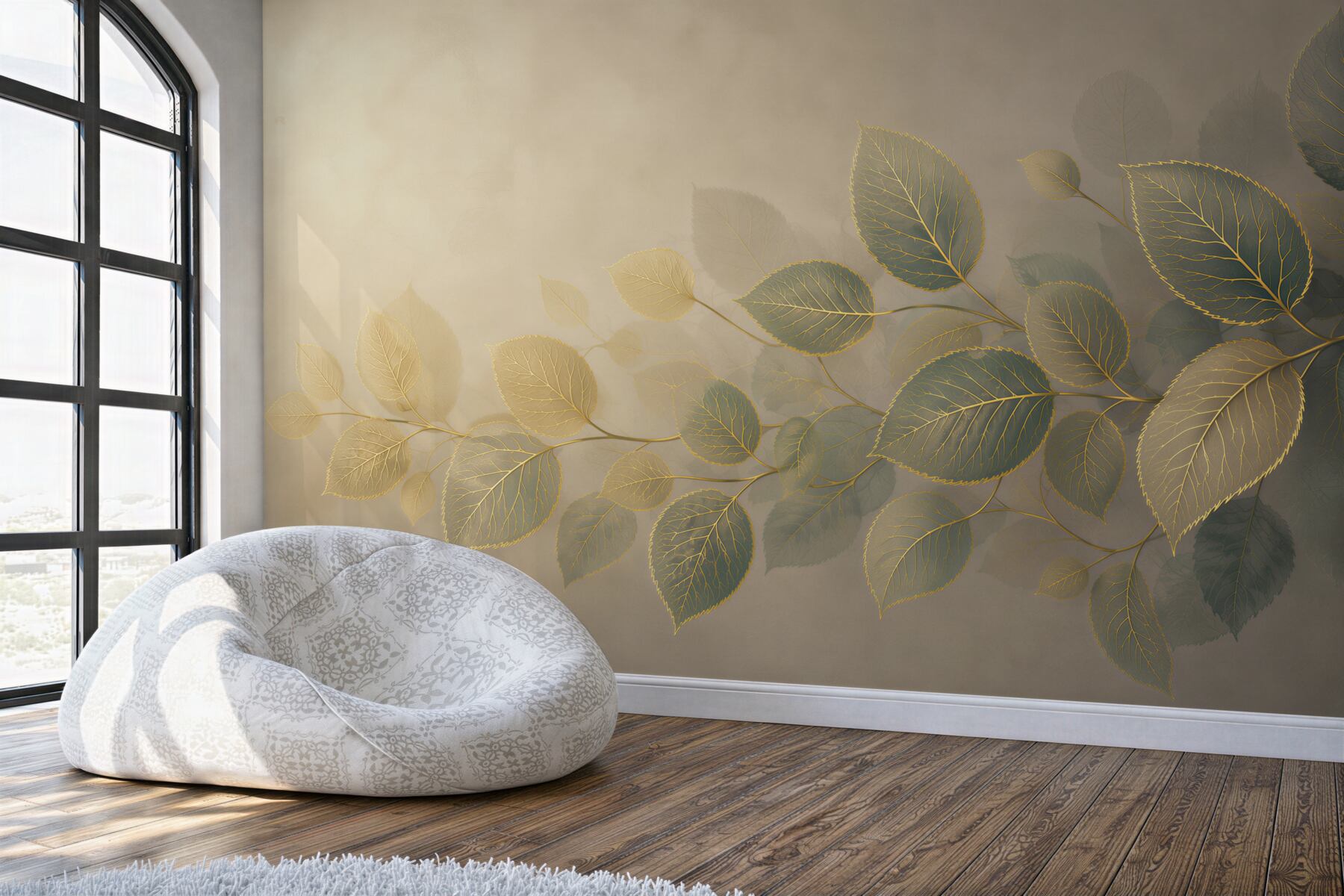 Fototapeten elegante goldene Blätter auf beigem Hintergrund für das Wohnzimmer
